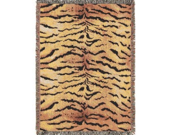 Tiger Print Woven Blanket | Boho Cotton Throw, Fringed Edges