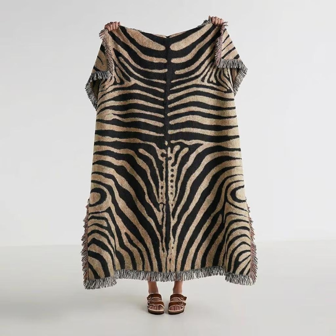 Abstract Zebra Stripe Woven Blanket | Cotton Throw, Fringed Edges, Animal Print Decor - 60"×50" Sofa
