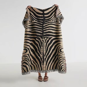 Abstract Zebra Stripe Woven Blanket | Cotton Throw, Fringed Edges, Animal Print Decor