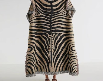 Abstract Zebra Stripe Woven Blanket | Cotton Throw, Fringed Edges, Animal Print Decor