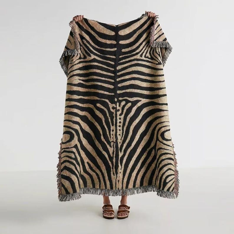 Abstract Zebra Stripe Woven Blanket | Cotton Throw, Fringed Edges, Animal Print Decor image 1