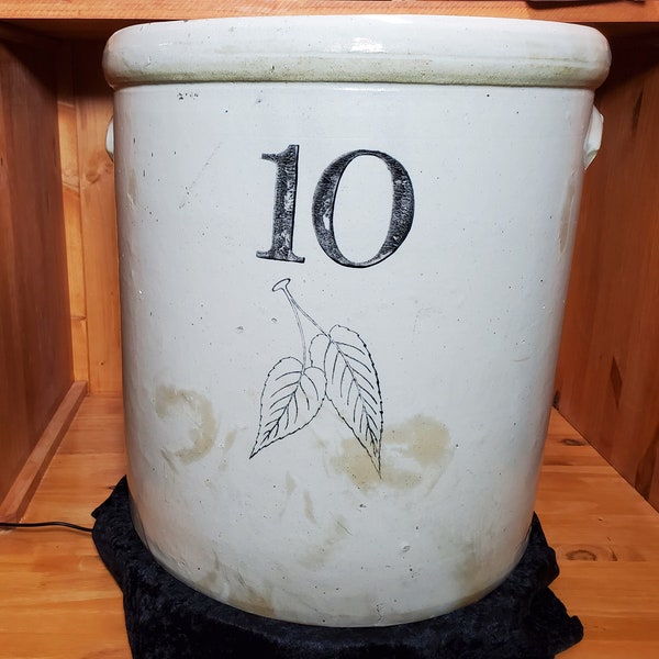 Vintage 10 Gallon Red Wing Union Stoneware Birch Leaf Crock without Oval   Circa  1895 - 1906