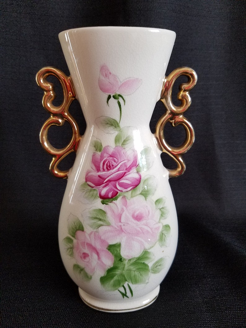 Vintage Rose Urn Vase with Gold Handles from Japan il 794xN c0y0