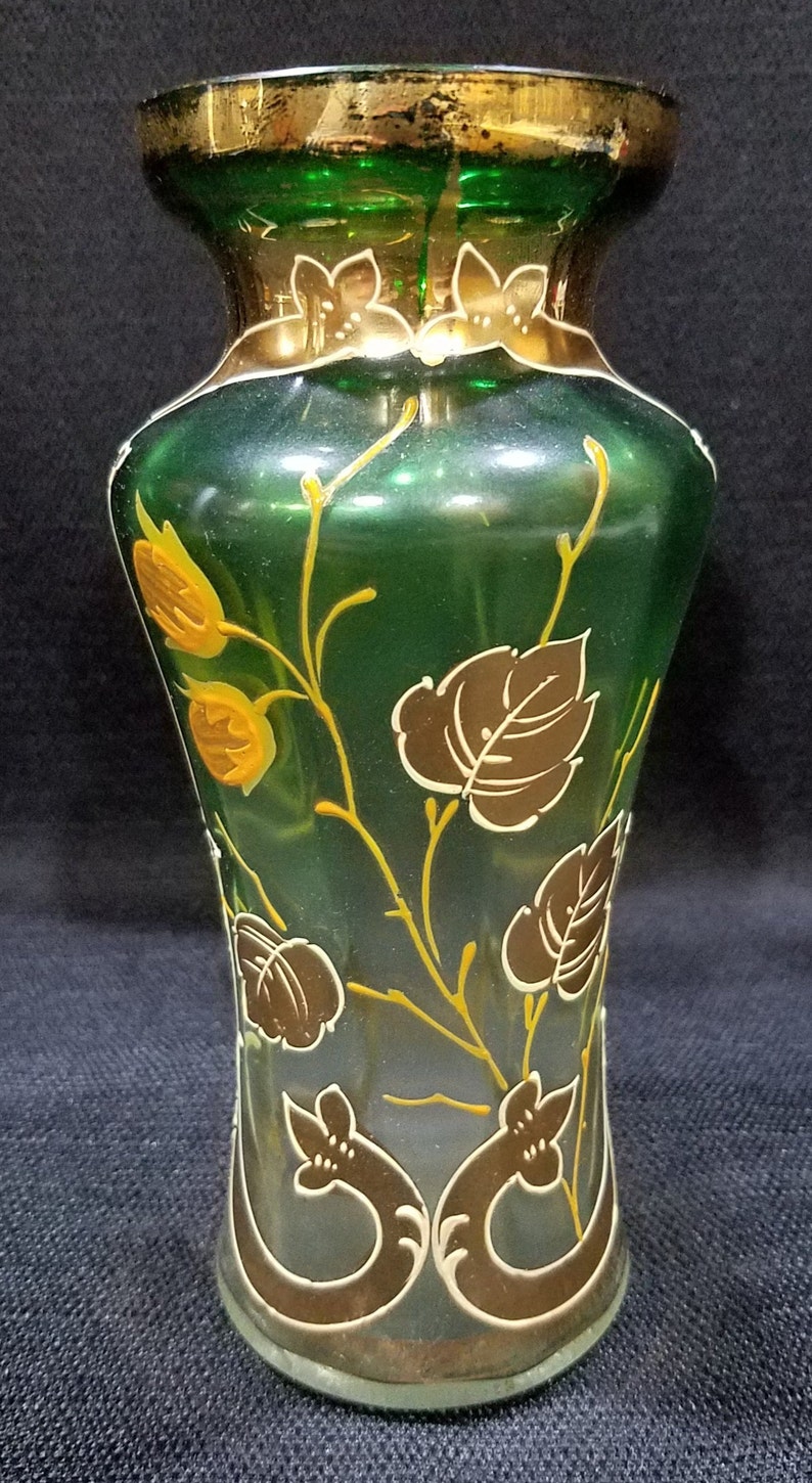 Vintage Bud Vase Bohemian Green Glass Hand Painted Gold Vine and