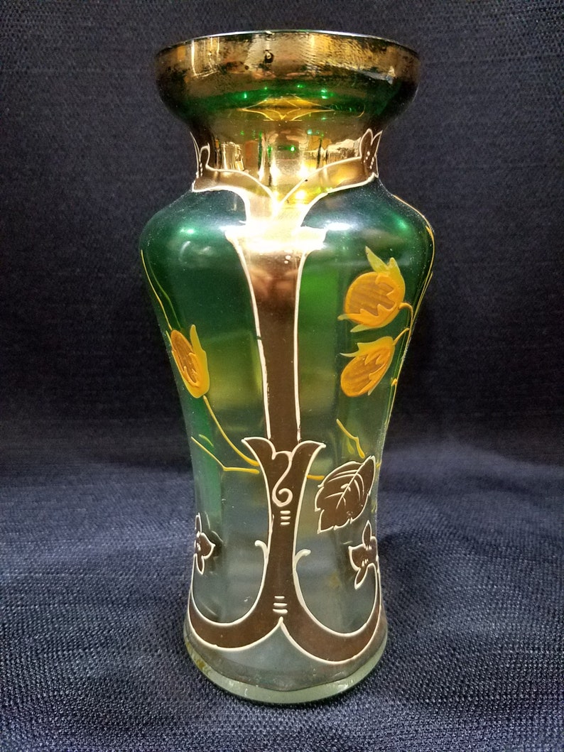 Vintage Bud Vase Bohemian Green Glass Hand Painted Gold Vine and