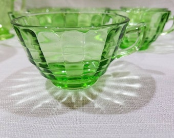 Vintage Anchor Hocking Block Optic Green Depression Glass Cups & Saucers Set of 6
