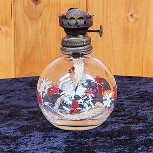 Plume Atwood Miniature Perfume Lamp, Floral Glass Acorn Burner, Vintage Rubicon Bottle