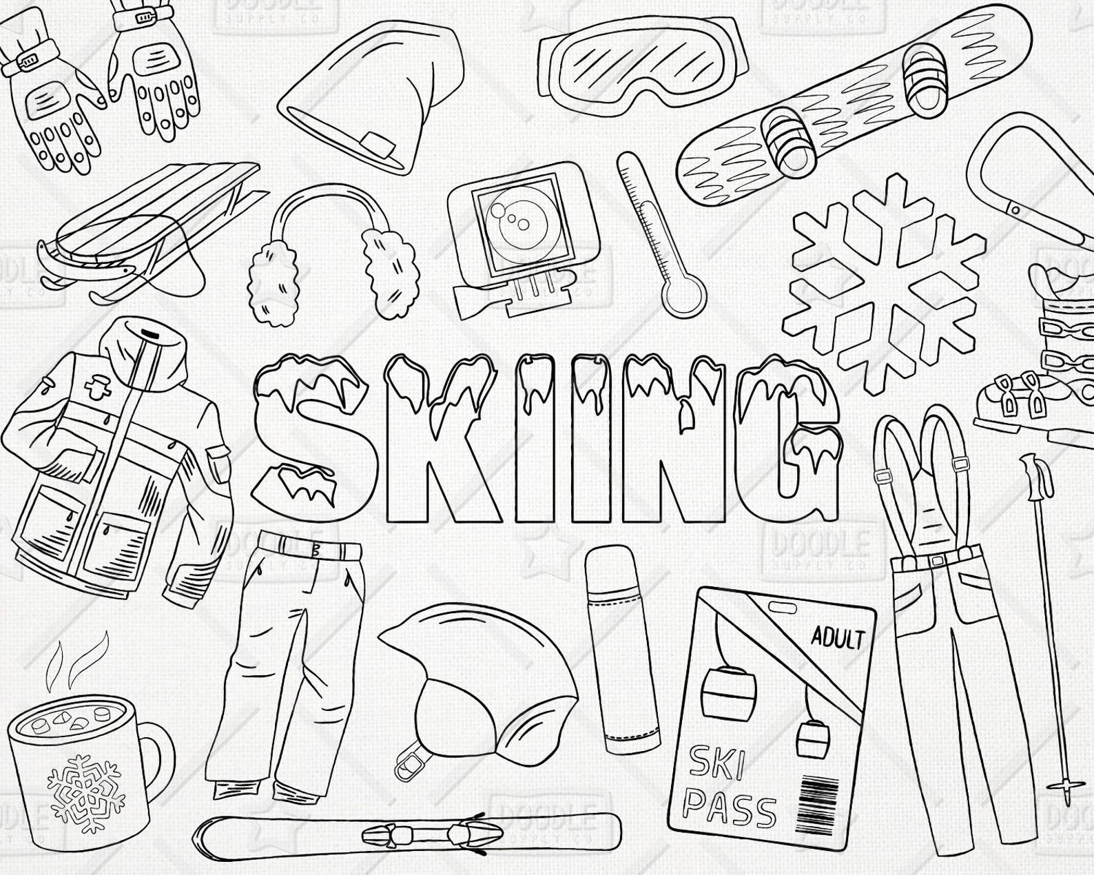 Doodle Skiing Vector Pack, Snowboard Clipart, Winter Clipart, Ski