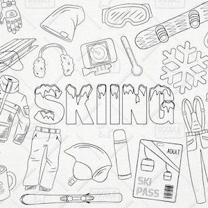 Doodle ski vecteur Pack, Snowboard Clipart, Clipart hiver, Clipart Ski, hiver graphiques, vecteurs de ski, hiver Stickers, SVG, fichier PNG