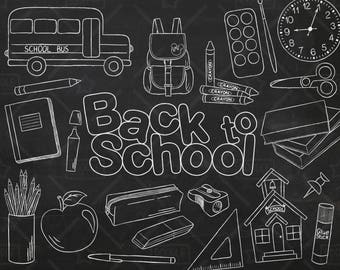 Chalkboard Back To School Vector Pack, Hand Drawn School Clipart, School Supplies, Backpack,Notebook, Scissors, Pencils Clipart,SVG,PNG file