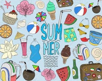 Summer Clipart Vector Pack, Beach Clipart, Summer Doodle, Vacation Clipart, Summer Icons, Summer Stickers, SVG, PNG file