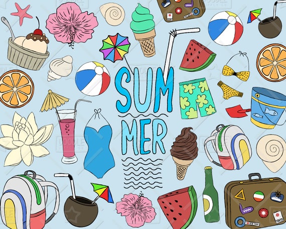 Summer Stickers Summer Icons Beach Clipart Summer Clipart Vector Pack PNG file SVG Vacation Clipart Summer Doodle