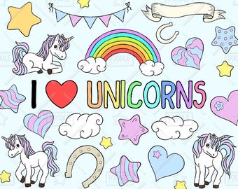 Licorne Clipart vectoriel Pack, poney, cheval, arc en ciel, étoiles, rose et bleu, Clipart magique, licorne fête, licorne autocollant, SVG, fichier PNG