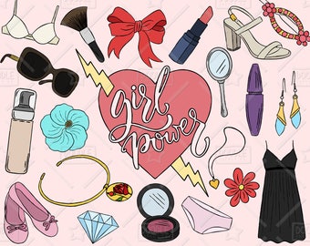 Girl Power Clipart vectoriel Pack, choses Girly, Girly Clipart, Clipart maquillage, Pretty Things, planificateur de fille, autocollant Girly, SVG, fichier PNG