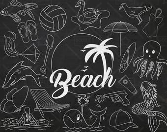 Chalkboard Beach Clipart Vector Pack, Summer Clipart, Vacation Clipart, Holiday Clipart, Beach Party, Beach Sticker, SVG, PNG file