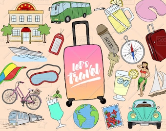 Travel Clipart Vector Pack, Hand Drawn Clipart, Summer Clipart, Vacation Clipart, Design Resource, Travel Stickers, SVG, PNG file