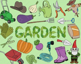 Gardening Clipart Vector Pack, Garden Clipart, Vegetables Clipart, Lawn Mower Clipart, Gardening Graphics, Garden Stickers, SVG, PNG file