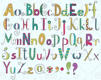 Doodle Alphabet Clipart Vector Pack, Hand Drawn Font, Alphabet Clipart, Doodle Clipart, Cartoon Clipart, Letter Stickers, SVG, PNG file