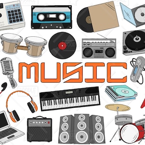 Musik Clipart Vektor-Pack, Doodles elektronische Musik, Pop Musik Clipart, Schlagzeug Clipart, DJ-Grafiken, Musik-Aufkleber, SVG, PNG-Datei