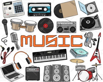 Pack de Vector Clipart musique musique électronique Doodles, Pop musique Clipart, Clipart batterie, DJ graphiques, musique autocollants, SVG, fichier PNG