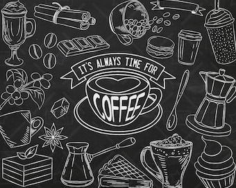 Chalkboard Coffee Vector Pack, Coffee Shop, Bakery, Cafe Clipart, Latte, Cappuccino, Espresso, Sweets Clipart, Coffee Sticker, SVG, PNG file