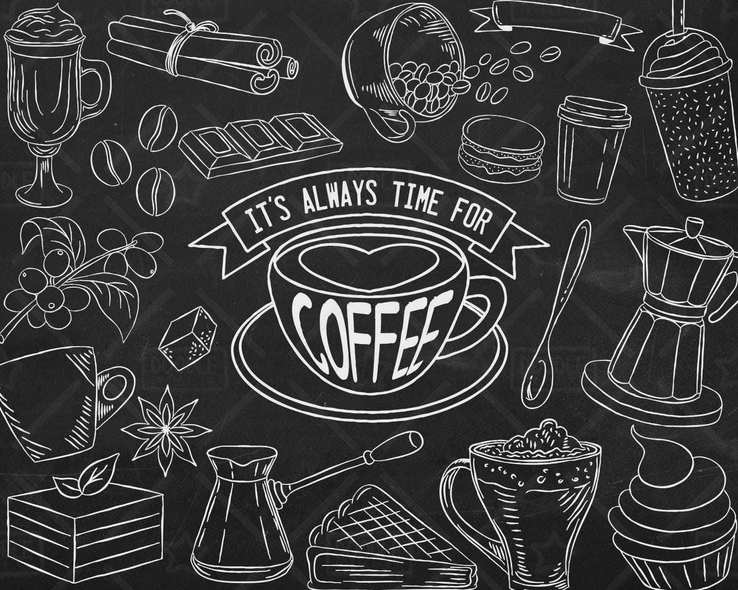 Chalk Board With Doodle Design Elements And Lettering. The Texture Of  Chalk, Wooden Frame. The Image Can Be Used For Your Business, Office, Shop,  Cafe, Design Books, Wedding Decor Royalty Free SVG