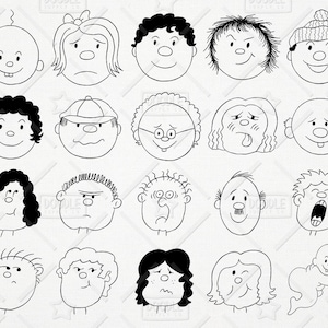 Doodle Cartoon Faces Clipart Vector Pack, People Clipart, Cartoon Clipart, Face Clipart, Kids Clipart, Face Sticker, SVG, PNG file