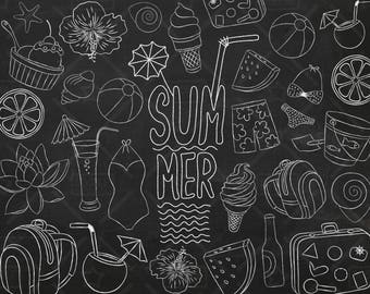 Chalkboard Summer Vector Pack, Beach Clipart, Summer Doodle, Vacation Clipart, Summer Icons, Summer Stickers, SVG, PNG file