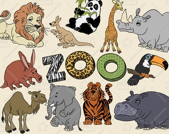 Zoo animaux Clipart Pack Vector, mignon animaux Clipart, tigre, Lion, Panda, Tucan, éléphant, rhinocéros, girafe, hippopotame, kangourou, SVG, fichier PNG