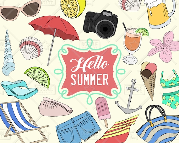 Summer Stickers Summer Icons Beach Clipart Summer Clipart Vector Pack PNG file SVG Vacation Clipart Summer Doodle