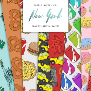 Pacchetto di carta digitale di New York, Texture Seamless Pattern, New York, Taxi Pattern, Pattern di ciambella, carta, Scrapbooking carta Pack di viaggio