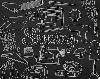 Chalkboard Sewing Vector Pack, Sew Craft Clipart, Handmade Clipart, Tailoring Clipart, Needle, Thread Clipart, Sewing Stickers,SVG, PNG file