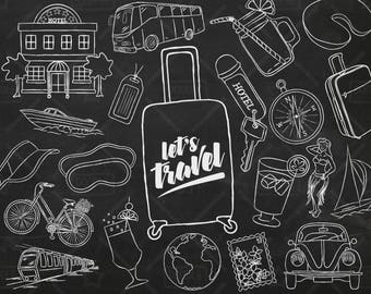 Chalkboard Travel Vector Pack, Hand Drawn Clipart, Vacation Clipart, Doodle Clipart, Summer Clipart, Travel Stickers, SVG, PNG file
