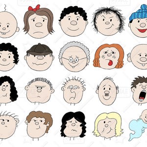 Cartoon Faces Clipart Vector Pack, People Clipart, Cartoon Clipart, Face Clipart, Kids Clipart, Face Sticker, SVG, PNG file