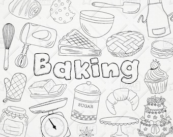 Doodle Baking Clipart Vector Pack, Kitchen Clipart, Pastry Clipart, Cake Clipart, Baking Graphics, Mixer Clipart, Cake Sticker, SVG,PNG file