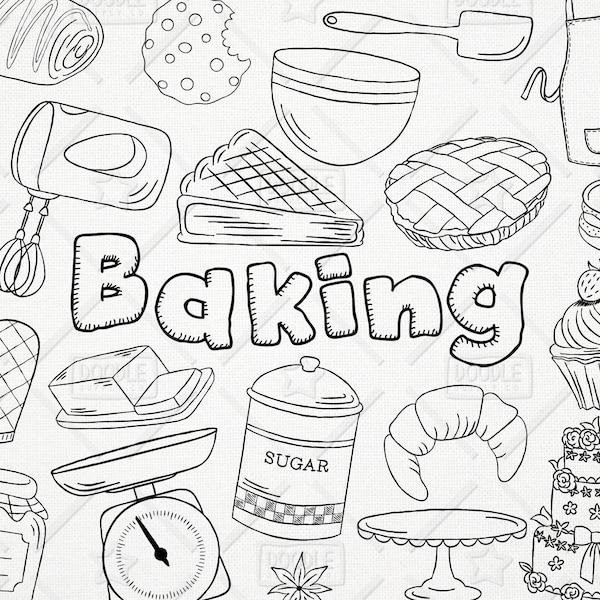 Doodle Baking Clipart Vector Pack, Kitchen Clipart, Pastry Clipart, Cake Clipart, Baking Graphics, Mixer Clipart, Cake Sticker, SVG,PNG file