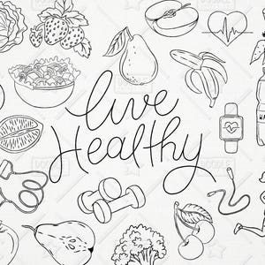 Doodle Pack de Vector mode de vie sain, vivre sain graphiques, Clipart santé, Fitness, fruits, légumes, santé autocollant, SVG, fichier PNG
