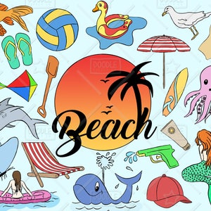 Beach Clipart Vector Pack, Summer Clipart, Vacation Clipart, Holiday Clipart, Beach Party, Beach Sticker, SVG, PNG file