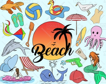 Beach Clipart Vector Pack, Summer Clipart, Vacation Clipart, Holiday Clipart, Beach Party, Beach Sticker, SVG, PNG file