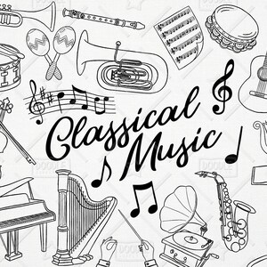 Doodle Music Vector Pack, Musical Instruments Clipart, Piano Clipart, Violin Clipart, Guitar Clipart, Music Stickers, SVG, PNG file