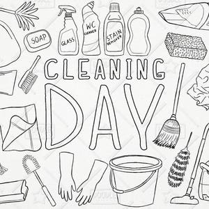 Doodle Cleaning Vector Pack, chorych clipart, pralnia clipart, mydło clipart, próżniowe clipart, spray butelki, naklejki chorych, SVG, plik PNG