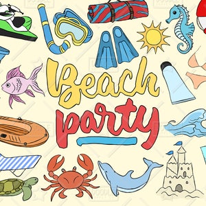 Beach Party Clipart Vector Pack, Summer Clipart, Vacation Clipart, Holiday Clipart, Beach Graphics, Beach Sticker, SVG, PNG file