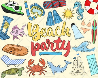 Beach Party Clipart Vector Pack, Summer Clipart, Vacation Clipart, Holiday Clipart, Beach Graphics, Beach Sticker, SVG, PNG file