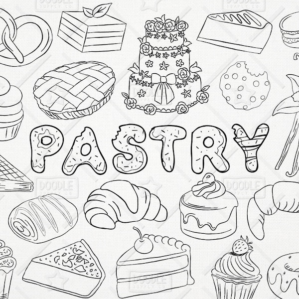 Doodle Gebäck Vektor-Pack, Bäckerei Clipart, Süßigkeiten Clipart, Backen Clipart, Gebäck Grafiken, Kuchen-Aufkleber, Vanille Clipart, SVG, PNG-Datei