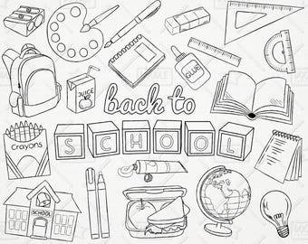 Doodle Back To School Vector Pack, Hand Drawn School Clipart, School Supplies, Globe, Lunchbox, Crayons, Sharpener Clipart, SVG, PNG file