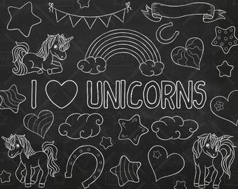 Chalkboard Unicorn Vector Pack, Pony, Horse, Rainbow, Star, Pink and Blue, Magical Clipart, Unicorn Party, Unicorn Clipart, SVG, PNG file