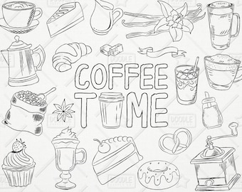 Doodle Coffee Vector Pack, Coffee Shop, Bakery, Cafe Clipart, Latte, Cappuccino, Espresso, Sweets Clipart, Coffee Sticker, SVG, PNG file