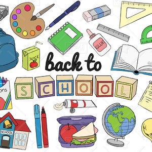 Back To School Clipart Vector Pack, Hand Drawn School Clip Art, School Supplies, Globe, Lunchbox, Crayons, Sharpener Clipart, SVG, PNG file