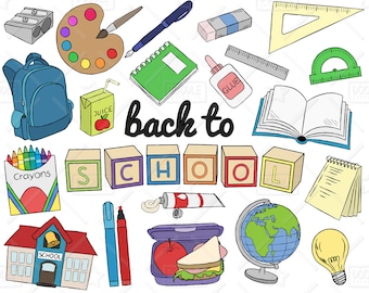 Back To School Clipart Vector Pack, Hand Drawn School Clip Art, School Supplies, Globe, Lunchbox, Crayons, Sharpener Clipart, SVG, PNG file