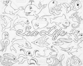 Doodle mar vida Clipart Vector Pack, océano gráfico, animales del mar, imágenes prediseñadas de animales acuáticos, mar gráficos, imágenes prediseñadas de vida marina, SVG, archivo PNG